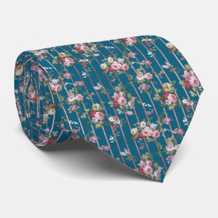 Bohemian blue pink red floral modern stripes tie