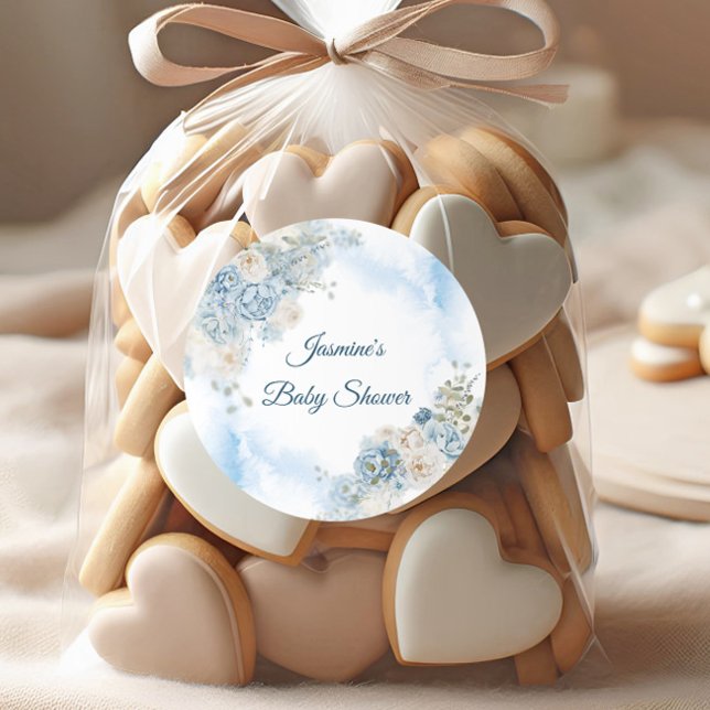 Bohemian Blue Rose Baby Shower Classic Round Sticker (Creator Uploaded)