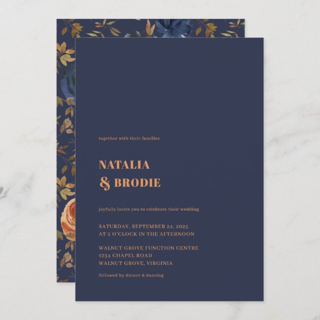 Bohemian Blue Rust Floral Wedding Invitation (Front/Back)