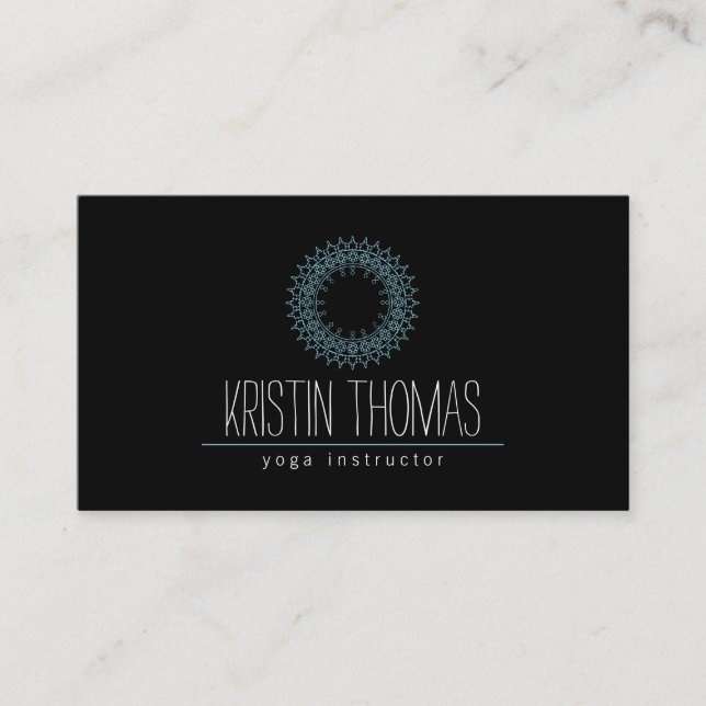 Bohemian Blue Sun Mandala on Black Business Card (Front)