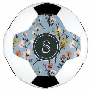 Bohemian Blue Watercolor Floral Monogrammed Soccer Ball