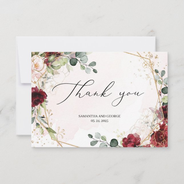 Bohemian Blush burgundy gold geometric wedding Thank You Card (Front)