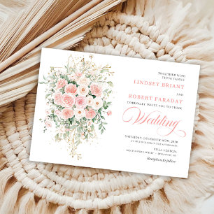 Bohemian Blush Floral Gold Wedding Invitation