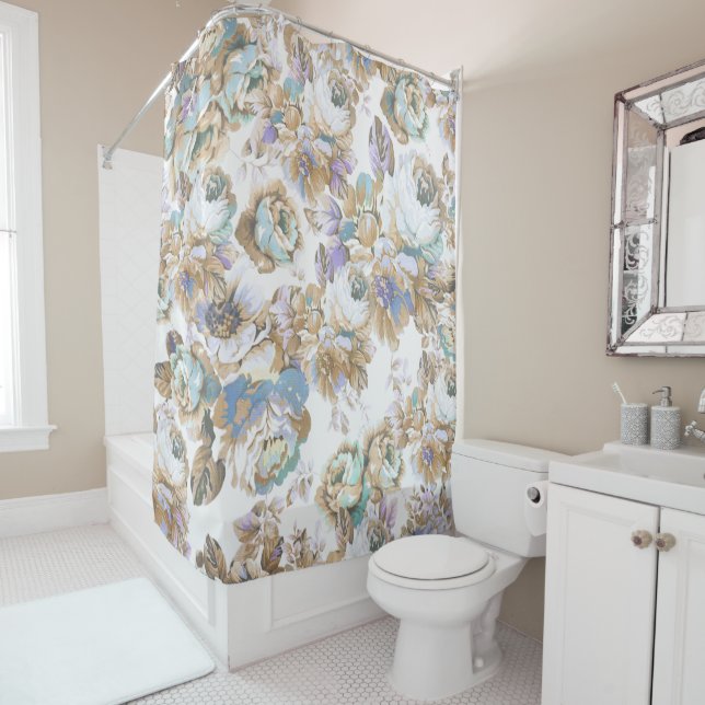 Bohemian blush lavender brown teal roses floral shower curtain (In Situ)