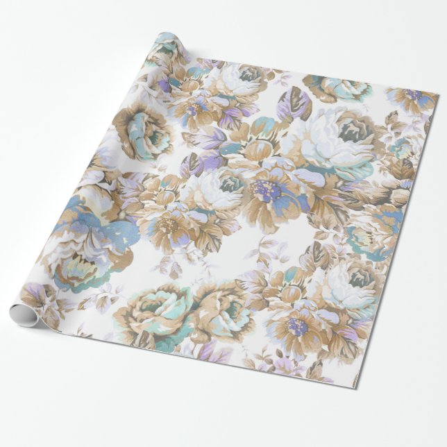 Bohemian blush lavender brown teal roses floral wrapping paper (Unrolled)