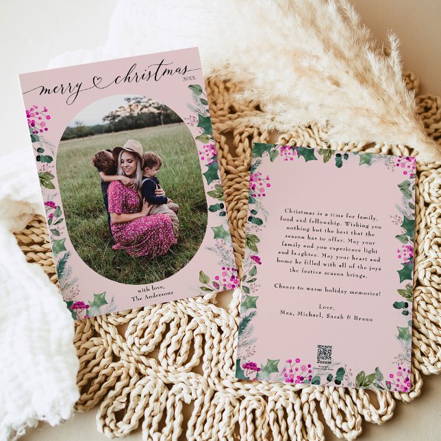 Bohemian Blush Pink 1 Photo Merry Christmas Card (Creator Uploaded)