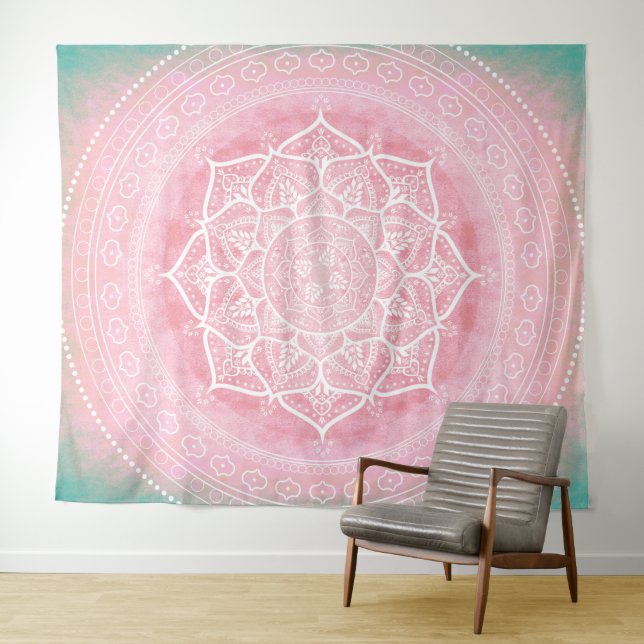 Bohemian Blush Pink & Blue Tapestry (In Situ (Horizontal))