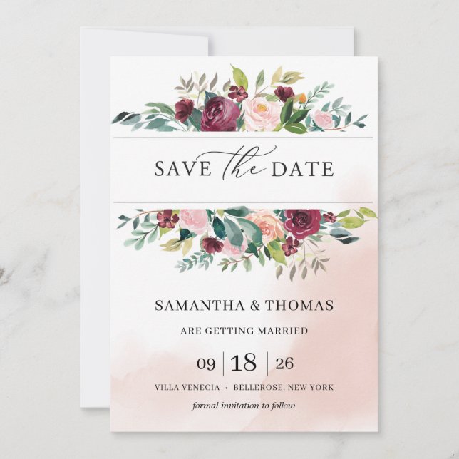 Bohemian blush pink burgundy floral save the date invitation (Front)