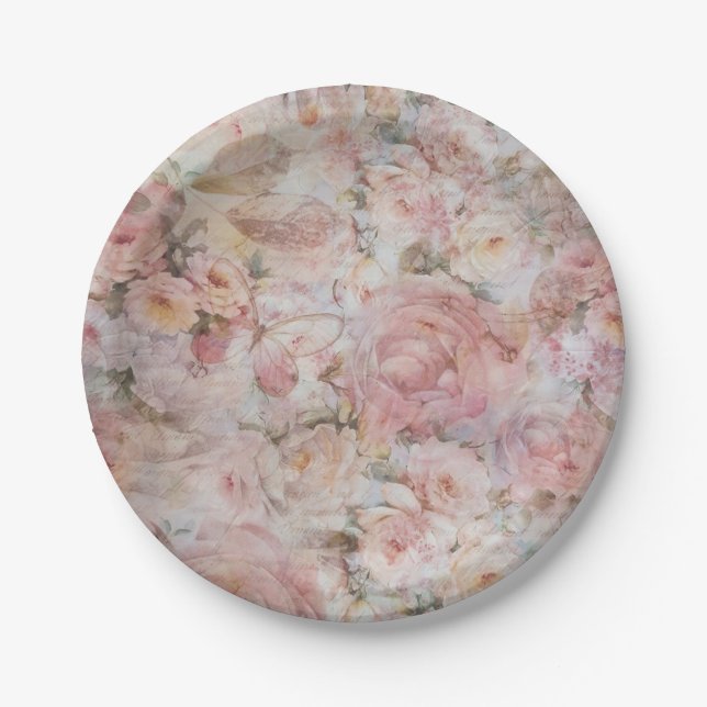 Bohemian blush pink collage floral typography paper plate (Front)