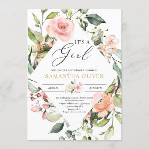 Bohemian blush pink floral boho it's a girl baby invitation