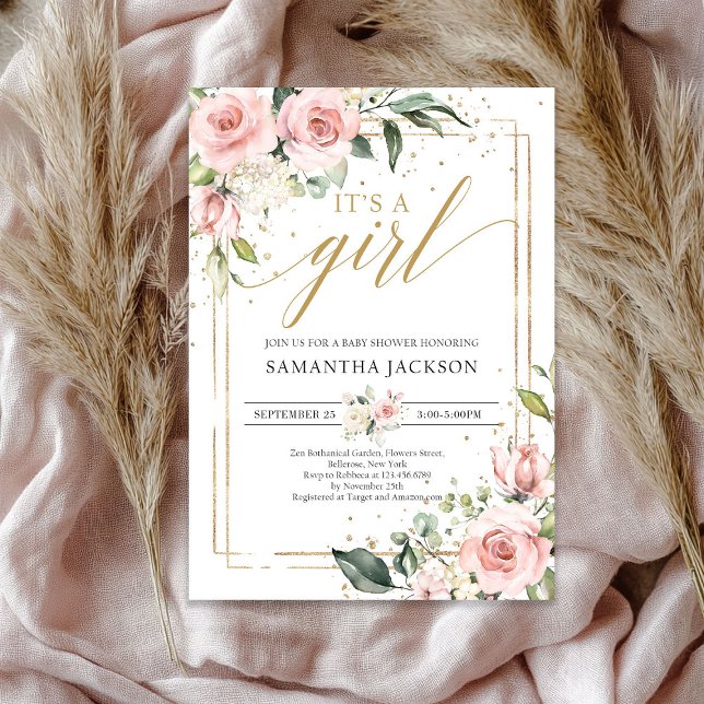 Bohemian blush pink floral gold it's a girl baby invitation (Bohemian blush pink floral gold it's a girl baby invitation)