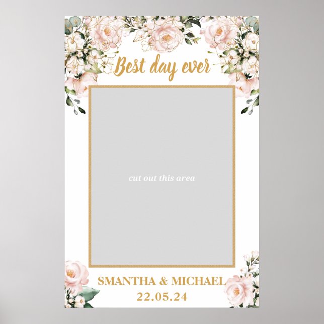 Bohemian blush pink floral gold wedding photo prop poster (Front)