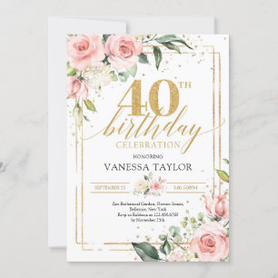 Bohemian blush pink floral greenery & gold 40th in invitation