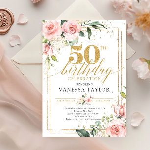 Bohemian blush pink floral greenery & gold 50th invitation