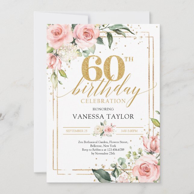 Bohemian blush pink floral greenery & gold 60th in invitation (Front)