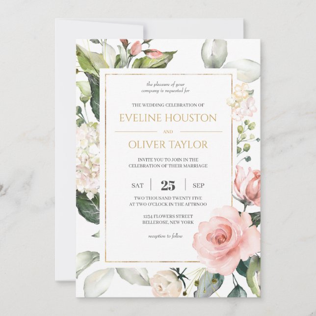 Bohemian blush pink floral roses boho wedding invitation (Front)