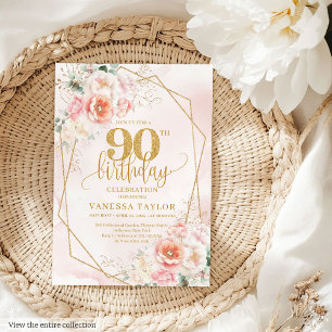 Bohemian Blush Pink Gold Floral 90th Birthday Invitation