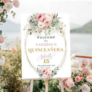 Bohemian blush roses gold quinceañera welcome sign