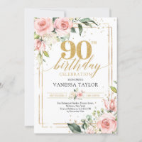 Bohemian boho blush pink floral gold 90th birthday