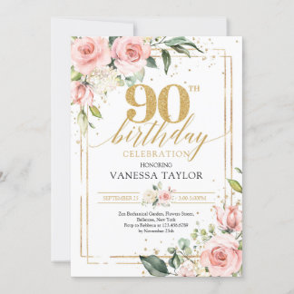 Bohemian boho blush pink floral gold 90th birthday invitation