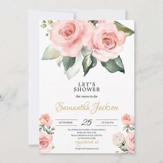 Bohemian Boho blush pink floral gold Baby Shower Invitation (Front)