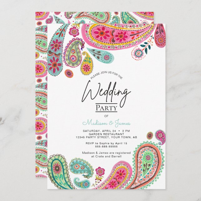 Bohemian Boho Chic pink Indian Paisley Wedding Invitation (Front/Back)