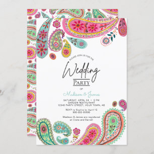 Bohemian Boho Chic pink Indian Paisley Wedding Invitation