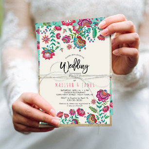 Bohemian Boho Chic Turquoise Folk Flowers Invitation