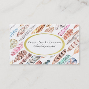 Bohemian Boho Colourful Watercolor Feathers Business Card