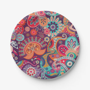 Bohemian Boho MOD Hippy Chic Flower Pattern Paper Plate