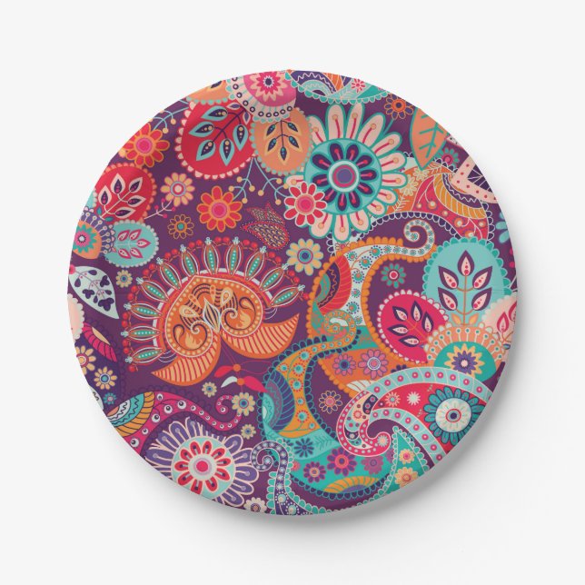 Bohemian Boho MOD Hippy Chic Flower Pattern Paper Plate (Front)