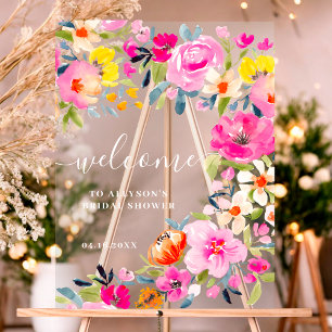 Bohemian bold floral watercolor bridal welcome acrylic sign