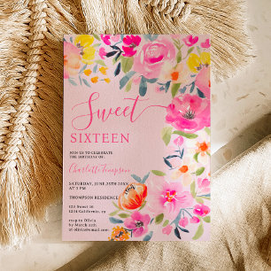 Bohemian bold floral watercolor pink Sweet 16 Invitation