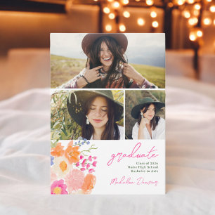 Bohemian bold wildflowers 3 photos graduation announcement