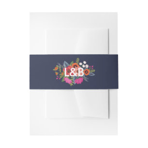 Bohemian Bouquet - Navy Blue - Initials Invitation Belly Band