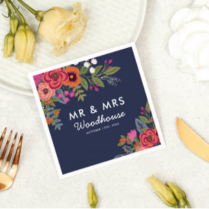 Bohemian Bouquet - Navy Blue Mr & Mrs Wedding Napkin