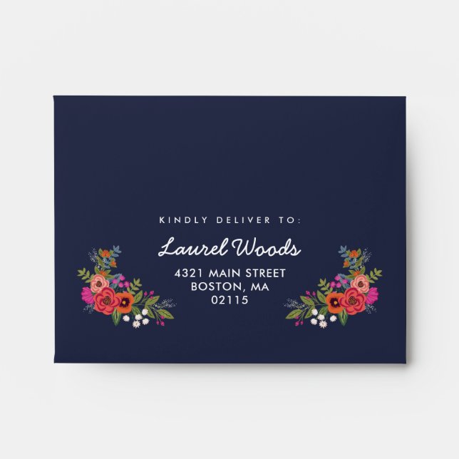 Bohemian Bouquet - Navy Blue w Blush Lining RSVP Envelopes (Front)