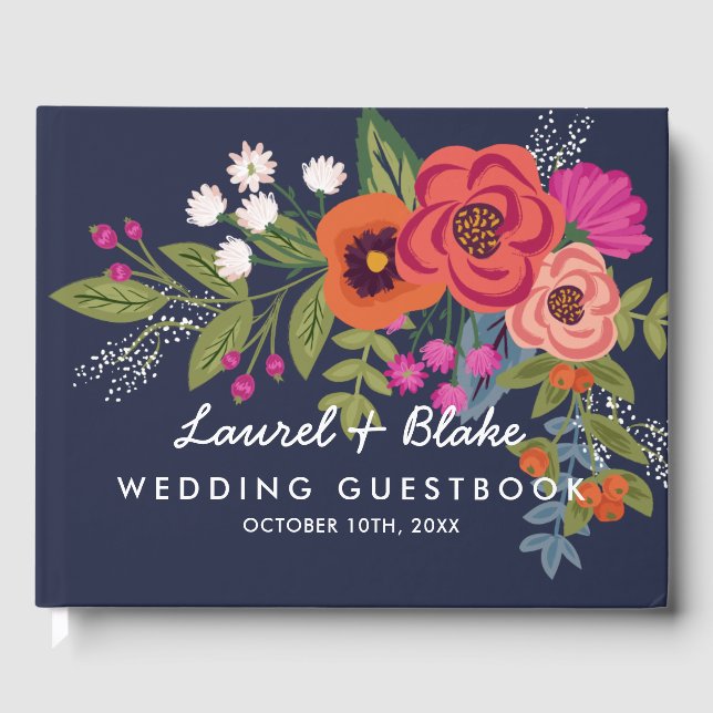 Bohemian Bouquet - Navy Blue - Wedding Guest Book (Front)