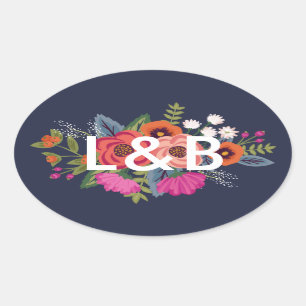 Bohemian Bouquet - Navy Blue Wedding Initials Oval Sticker
