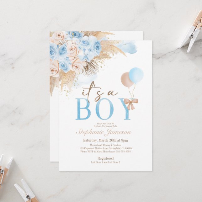 Bohemian Boy's Pampas Grass Baby Shower Invitation (Front/Back In Situ)