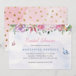 Bohemian Bridal Shower Watercolor Floral Pink Gold Invitation