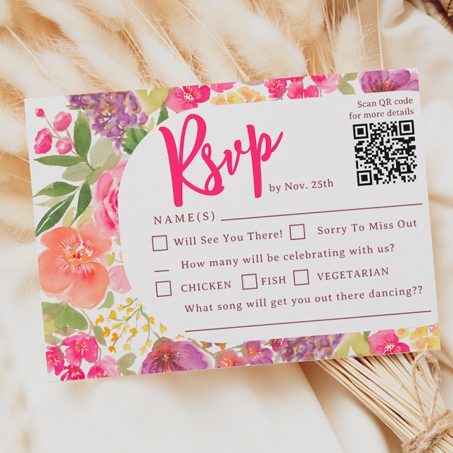 Bohemian bright floral arch script chic wedding RSVP card (Bohemian bright floral arch script chic wedding RSVP card)