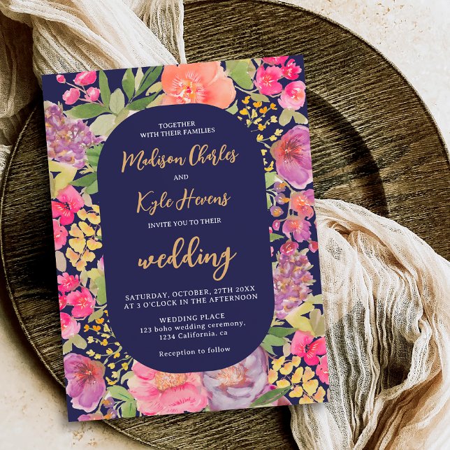 Bohemian bright floral arch script navy wedding invitation (Bohemian bright floral arch script navy wedding invitation)