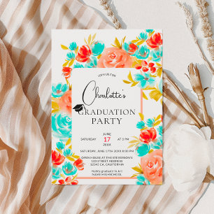 Bohemian bright orange blue floral graduation invitation