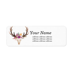 bohemian, bull skull, antler, boho floral return address label
