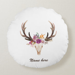 bohemian, bull skull, antler, boho floral round cushion