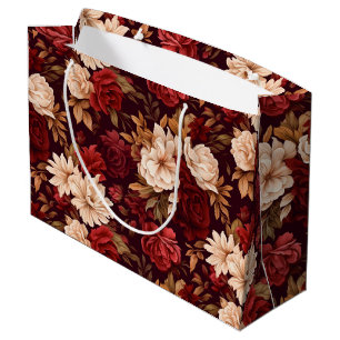 Bohemian burgundy beige flowers large gift bag