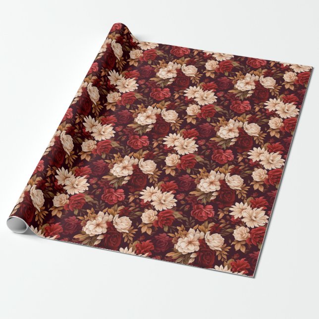 Bohemian burgundy beige flowers wrapping paper (Unrolled)
