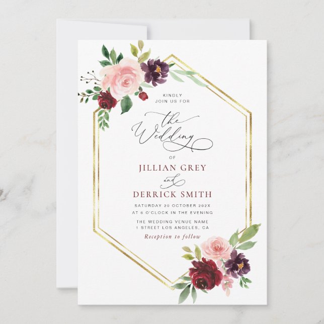 bohemian burgundy blush floral wedding invitation (Front)