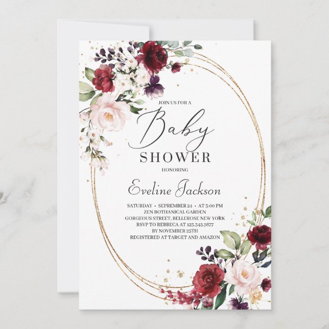 Bohemian burgundy blush pink gold baby shower invitation (Front)